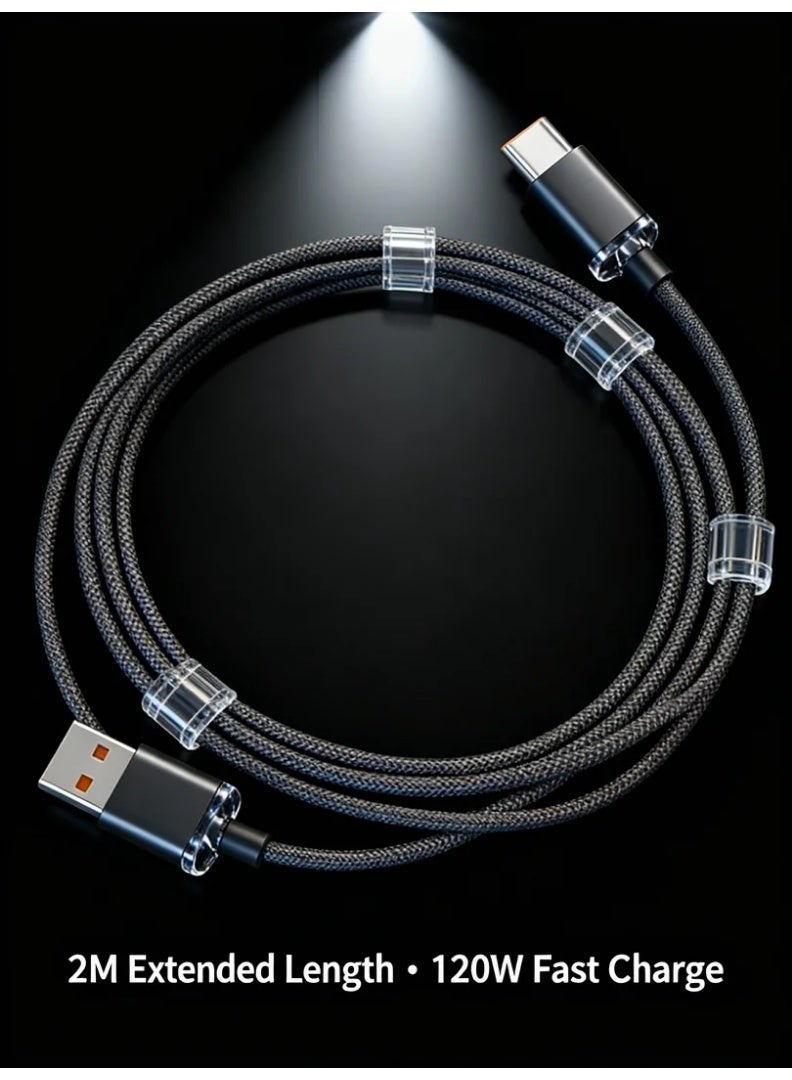 robotgcc 120W Transparent Fast Charging USB-C Cable | 2-Meter Long SuperCharge Cord with Reinforced Anti-Bend Connector, High-Density Nylon Braid, 6A High-Current Output, Low-Temperature Power Stability, 480Mbps Data Sync, Universal Fast-Charge Support for Android Devices, Tablets, Power Banks – Blue / Black - Image 4